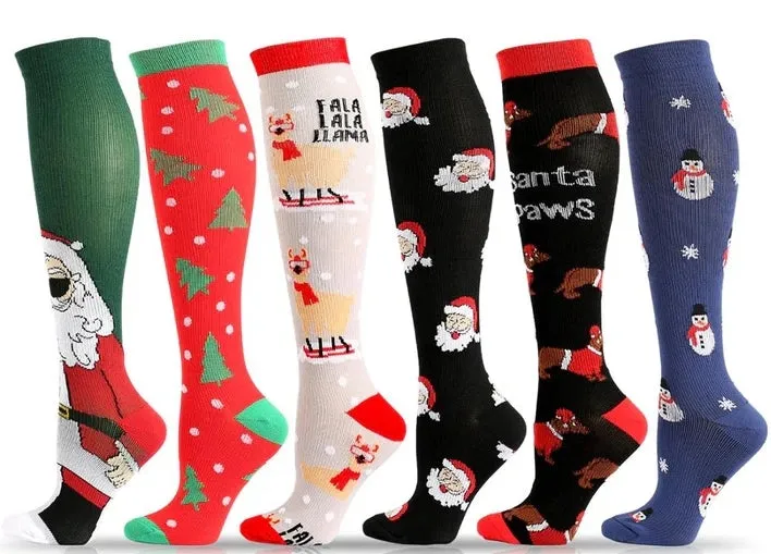 ROYALUCK Christmas Socks Colorful Patterned Winter Compression Socks (6 Pairs) for Women & Men(15-20mmHg)