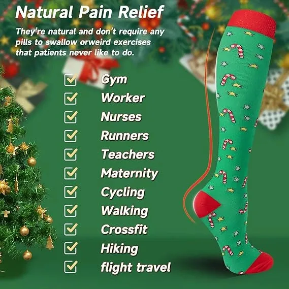 ROYALUCK Christmas Socks Colorful Patterned Winter Compression Socks (6 Pairs) for Women & Men(15-20mmHg)